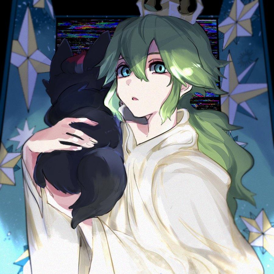 1boy, aged_down, androgynous, blue_eyes, child, commentary, creature, crown, glitch, green_hair, haduki62, hair_between_eyes, holding, holding_creature, long_hair, looking_at_viewer, male_focus, n_(pokemon), parted_lips, pokemon, pokemon_(creature), pokemon_bw, slit_pupils, solo, static, upper_body, zorua