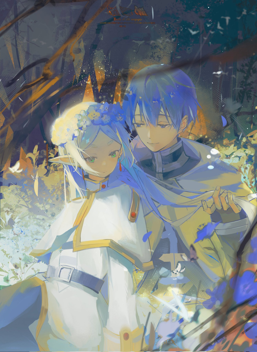1boy, 1girl, belt, blue_eyes, blue_flower, blue_hair, cloak, closed_mouth, couple, dress, efanziyu, elf, flower, frieren, green_eyes, hand_up, head_wreath, hetero, high_collar, highres, himmel_(sousou_no_frieren), holding_another's_hair, light_blue_hair, long_hair, pointy_ears, short_hair, simple_background, smile, sousou_no_frieren, white_cloak, white_dress, white_hair