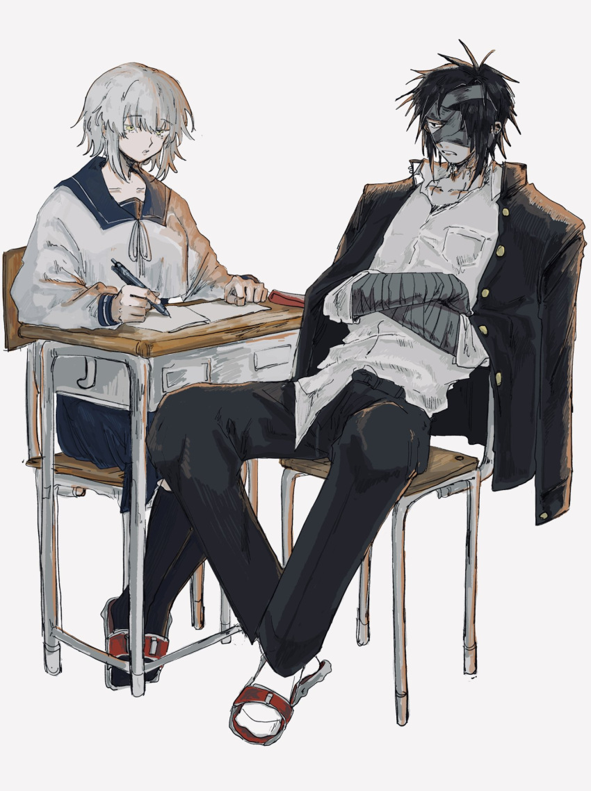 1boy, 1girl, alternate_universe, bandaged_arm, bandaged_head, bandages, black_hair, black_jacket