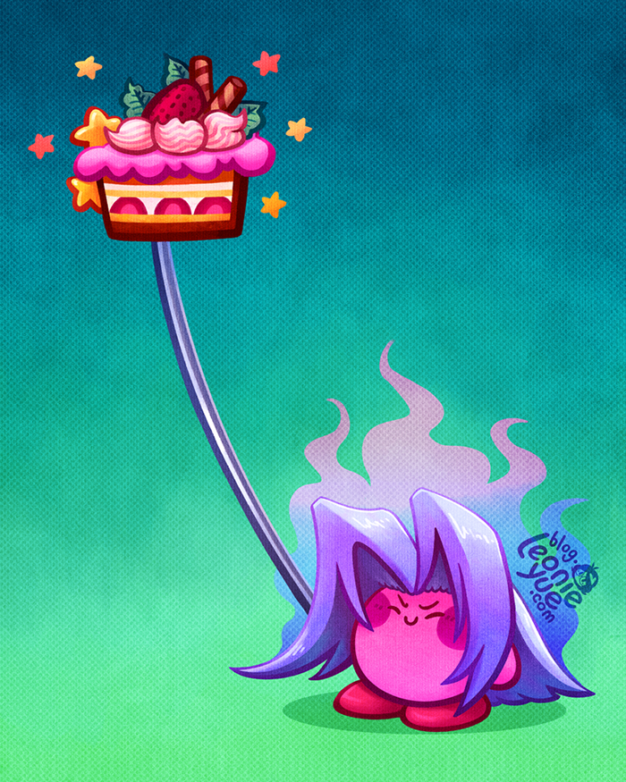 artist_logo, blue_background, blush_stickers, cake, cake_slice, closed_eyes, colored_skin, copy_ability, cosplay, final_fantasy, final_fantasy_vii, food, fruit, gradient_background, green_background, grey_hair, holding, holding_sword, holding_weapon, kirby, kirby_(series), leonieyue, masamune_(ff7), no_humans, pink_skin, sephiroth, sephiroth_(cosplay), star_(symbol), strawberry, super_smash_bros., sword, two-tone_background, weapon