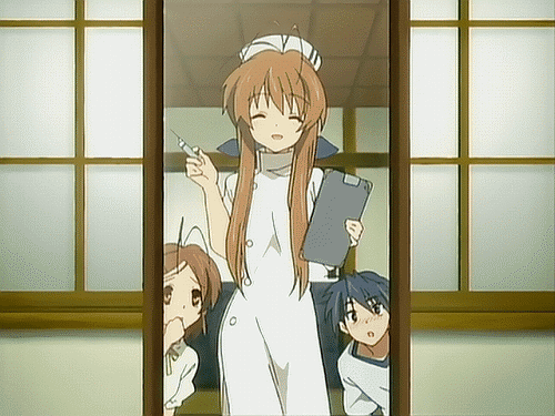 1boy, 2girls, animal_ears, animated, animated_gif, antenna_hair, blush, brown_eyes, brown_hair, buruma, cap, cat_ears, clannad, closed_eyes, cosplay, furukawa_nagisa, furukawa_sanae, gif, gun, gym_uniform, hat, ladle, long_hair, lowres, maid, mirror, nurse, official_art, okazaki_tomoya, police, police_uniform, policewoman, screencap, skipping_rope, syringe, trigger_discipline, uniform, weapon