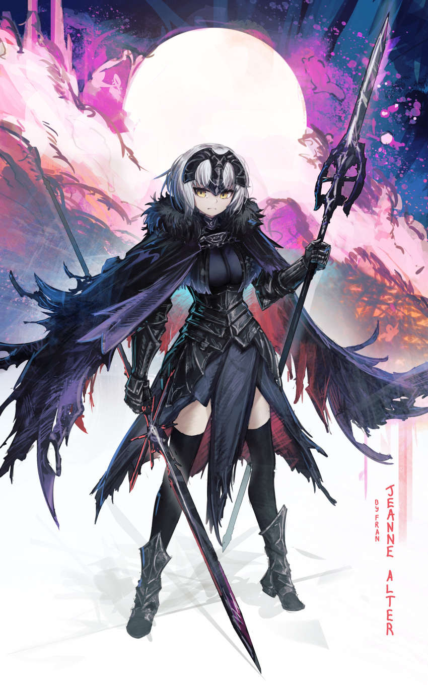 1girl, absurdres, armor, artist_name, black_thighhighs, breasts, cape, character_name