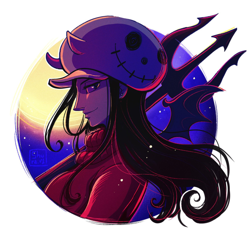 1girl, black_hair, circle, floating_hair, hat, highres, horned_hat, long_hair