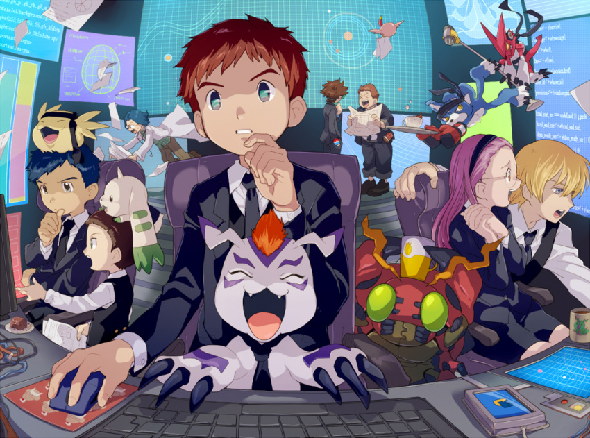 1girl, 6+boys, alternate_universe, black_hairband, black_suit, black_vest, blonde_hair, blue_hair
