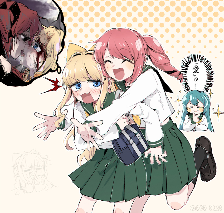 3girls, ^^^, an_sin, bag, blonde_hair, blood, blood_on_face, blouse