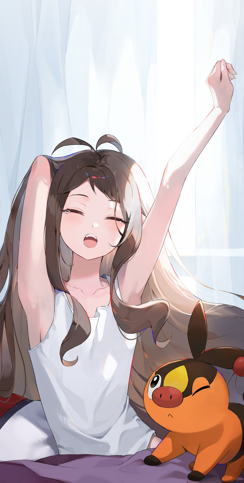 1girl, absurdres, brown_hair, closed_eyes, collarbone, commentary_request, highres, hilda_(pokemon)