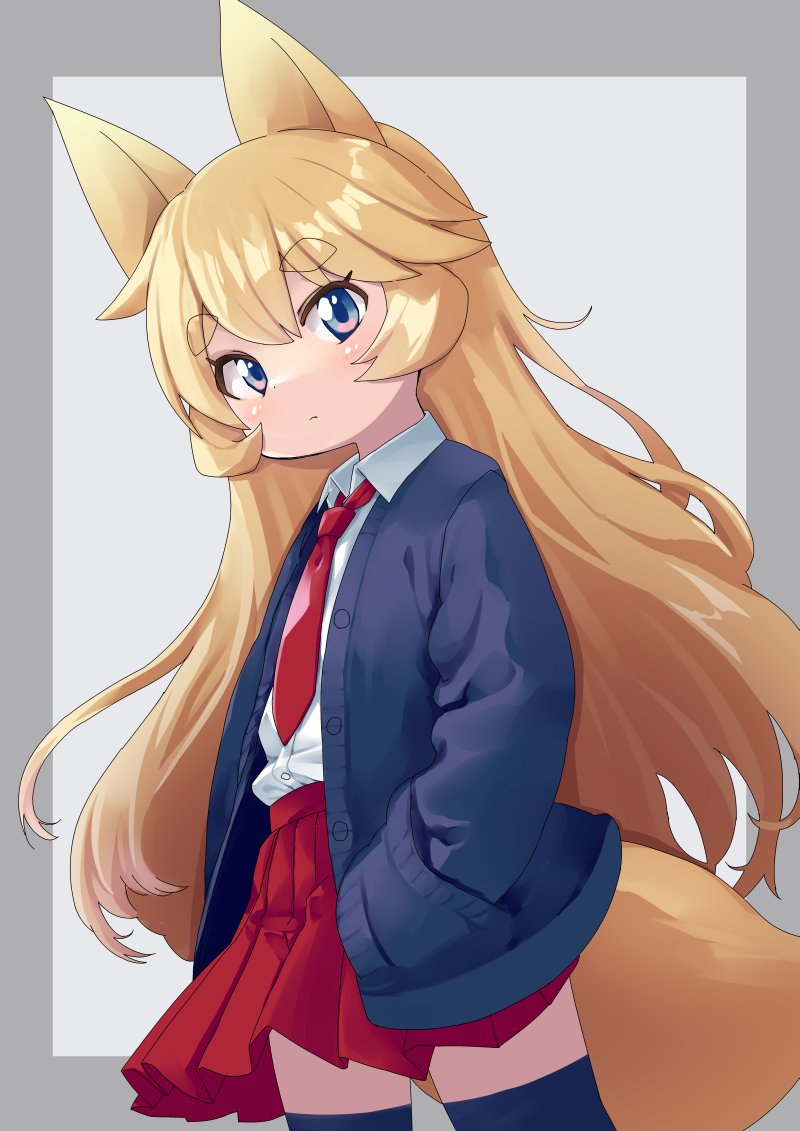 1girl, animal_ears, black_thighhighs, blonde_hair, blue_cardigan, blue_eyes, cardigan, cowboy_shot, croixsan, dot_nose, expressionless, fox_ears, fox_girl, fox_tail, hair_between_eyes, hands_in_pockets, long_hair, long_sleeves, looking_at_viewer, multicolored_eyes, necktie, open_cardigan, open_clothes, original, pink_eyes, pleated_skirt, red_necktie, red_skirt, school_uniform, shirt, short_eyebrows, skirt, solo, standing, tail, tail_under_clothes, thick_eyebrows, thigh-highs, white_shirt, zettai_ryouiki