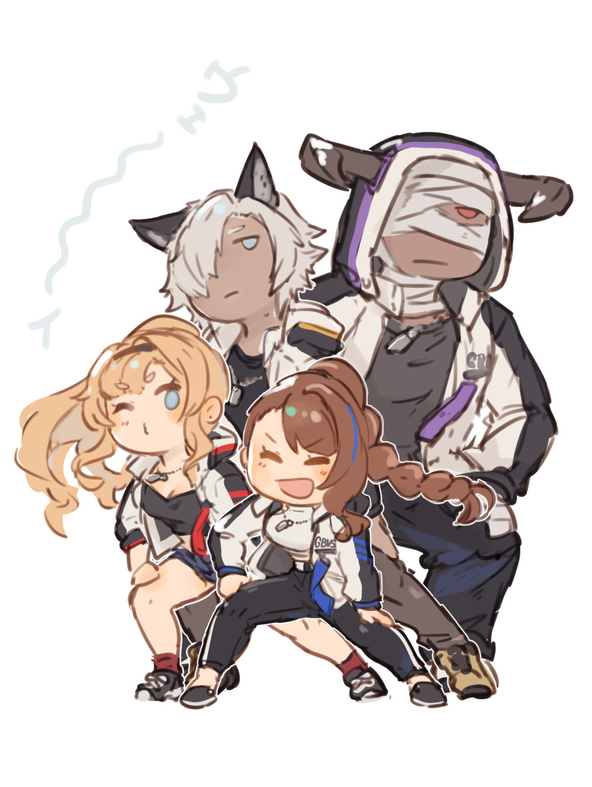 2boys, 2girls, animal_ears, bandage_over_one_eye, beatrix_(granblue_fantasy), black_hairband, blonde_hair, blue_eyes