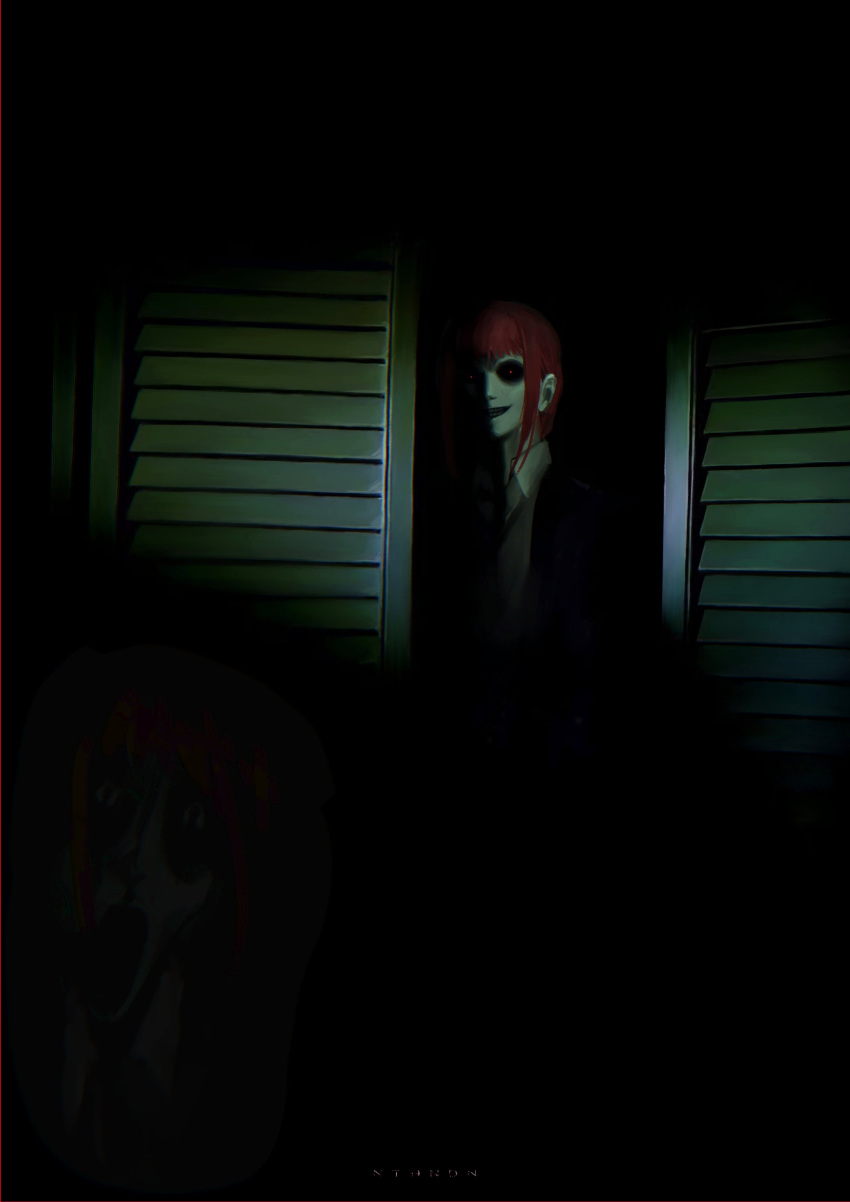 1girl, absurdres, black_jacket, black_necktie, black_pants, business_suit, chainsaw_man, closet, collared_shirt, darkness, dot_pupils, evil_grin, evil_smile, facing_viewer, formal, grin, highres, horror_(theme), jacket, looking_at_viewer, makima_(chainsaw_man), medium_hair, necktie, nthndn, office_lady, pants, partially_shaded_face, red_eyes, redhead, shaded_face, shirt, sidelocks, smile, solo, suit, suit_jacket, white_shirt