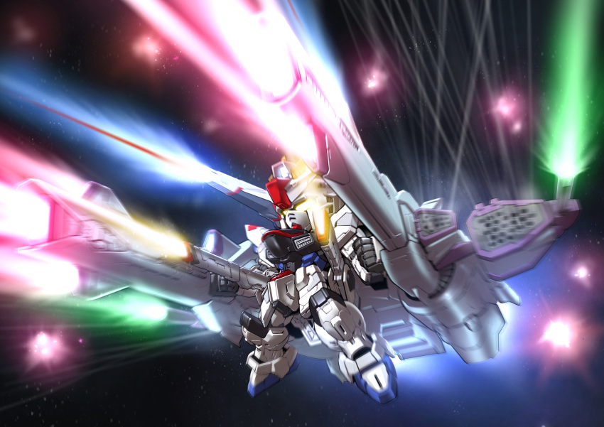 absurdres, beam_cannon, chibi, exhaust, explosion, firing, flying, freedom_gundam
