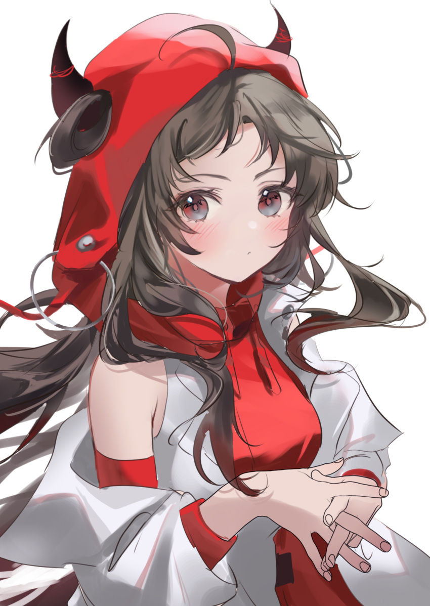 1girl, arknights, blush, brown_eyes, brown_hair, commentary, detached_sleeves, dot_mouth, frown, highres, hooded_shirt, horns_through_hood, jacket, long_hair, looking_at_viewer, off_shoulder, one-hour_drawing_challenge, paprika_(arknights), paprika_(the_road_to_here)_(arknights), raramente, red_shirt, red_sleeves, shirt, simple_background, single_bare_shoulder, solo, upper_body, wavy_hair, white_background, white_jacket