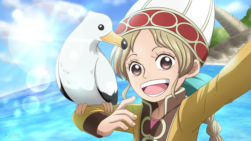 1girl, animal_on_arm, apis_(one_piece), arm_up, artycomicfangirl, bird, bird_on_arm, blonde_hair