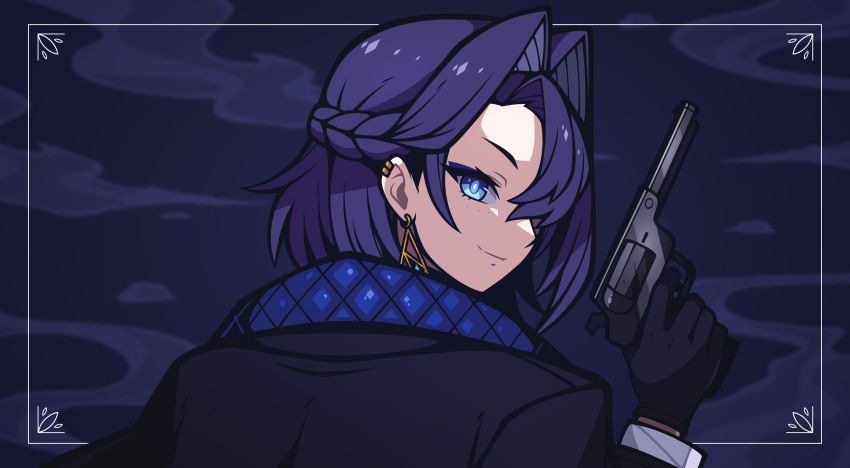 1girl, absurdres, arm_up, bacon_strips, black_gloves, black_jacket, black_suit, blue_eyeliner