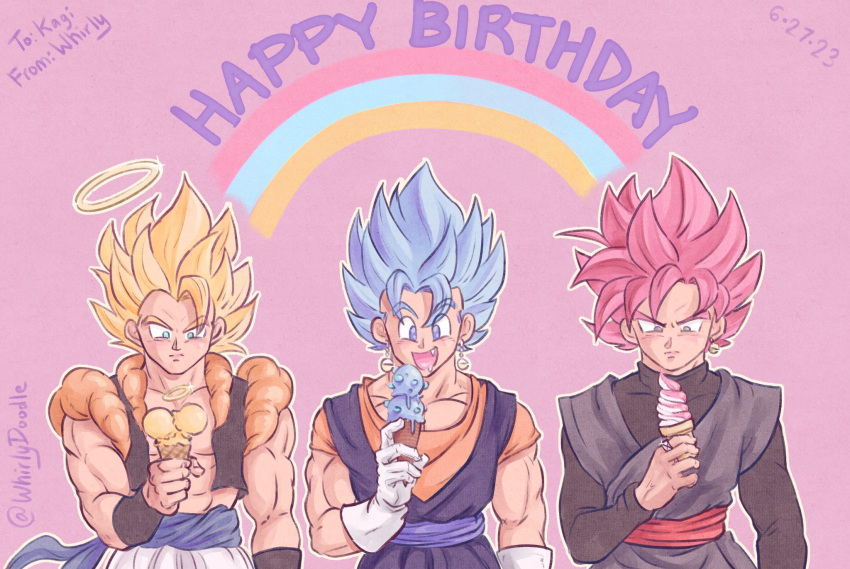 3boys, abs, blonde_hair, blue_eyes, blue_hair, commentary, dated, dragon_ball, dragon_ball_super, dragon_ball_z, earrings, english_commentary, food, gloves, gogeta, goku_black, green_eyes, grey_eyes, halo, happy_birthday, highres, holding, holding_food, holding_ice_cream, holding_ice_cream_cone, ice_cream, ice_cream_cone, jewelry, male_focus, metamoran_vest, multiple_boys, muscular, muscular_male, open_mouth, pink_hair, potara_earrings, raised_eyebrows, single_earring, smile, super_saiyan, super_saiyan_1, super_saiyan_blue, super_saiyan_rose, twitter_username, vegetto, whirlydoodle, white_gloves