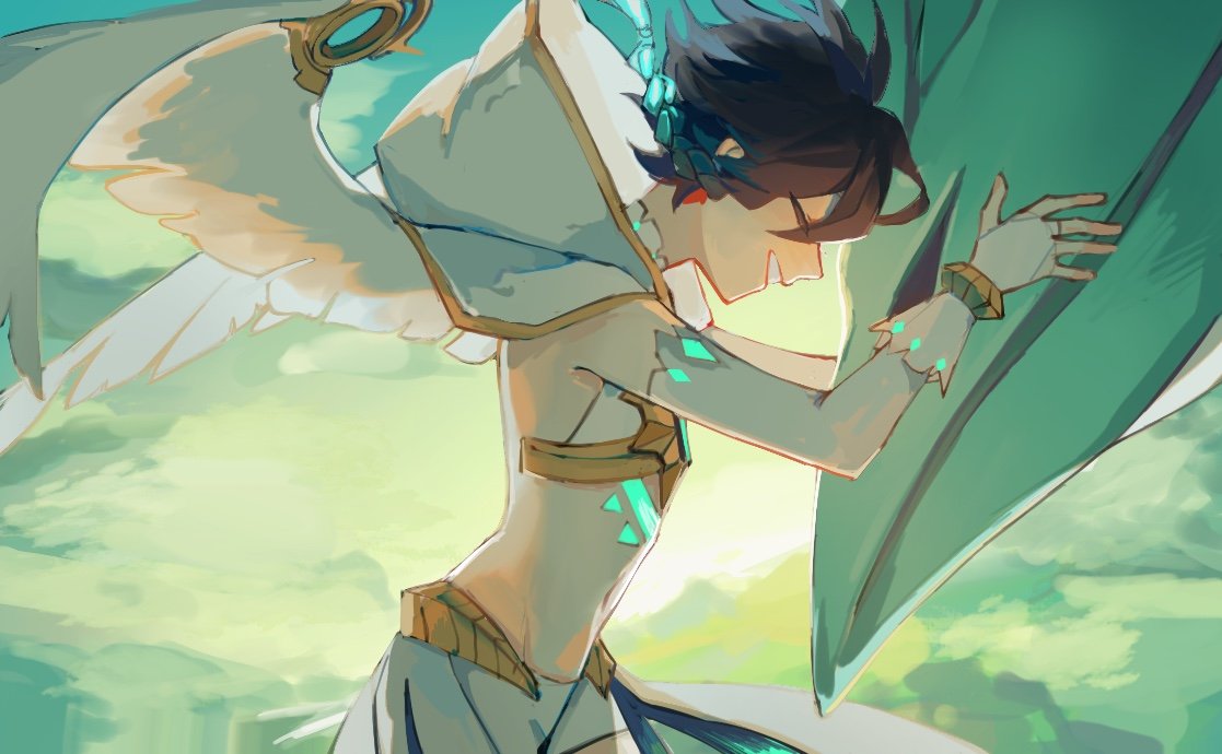 1boy, altummm, angel_wings, backless_shirt, black_hair, braid, bridal_gauntlets, capelet