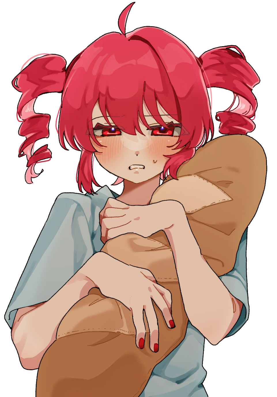 1girl, ahoge, alternate_costume, baguette, blush, bread, clenched_teeth, commentary_request, drill_hair, food, grey_shirt, hair_between_eyes, highres, holding, holding_food, hugging_object, kasane_teto, light_frown, looking_at_viewer, morumo_39, oversized_food, oversized_object, red_eyes, red_nails, redhead, shirt, short_hair, short_sleeves, sidelocks, simple_background, single_hair_intake, solo, sweatdrop, teeth, twin_drills, twintails, upper_body, utau, white_background