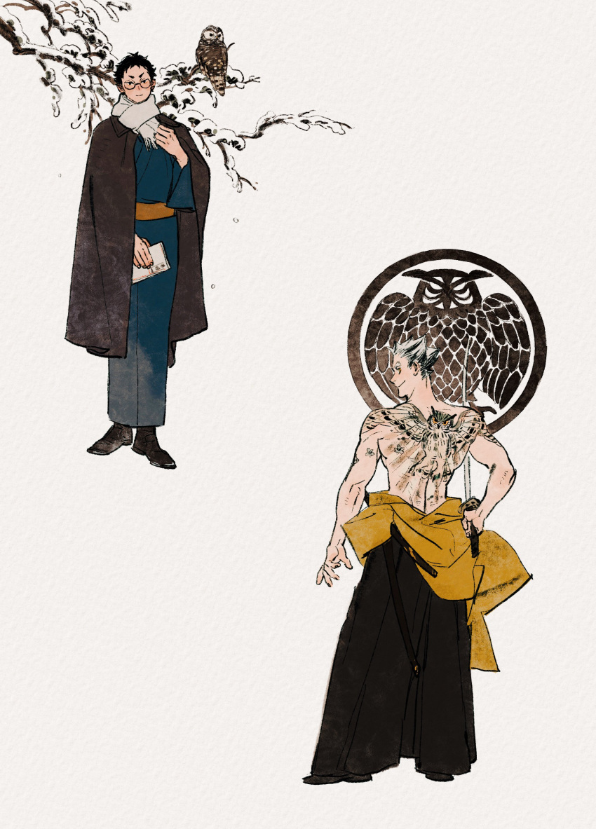 2boys, absurdres, akaashi_keiji, animal, back_tattoo, bird, bird_tattoo, black_eyes