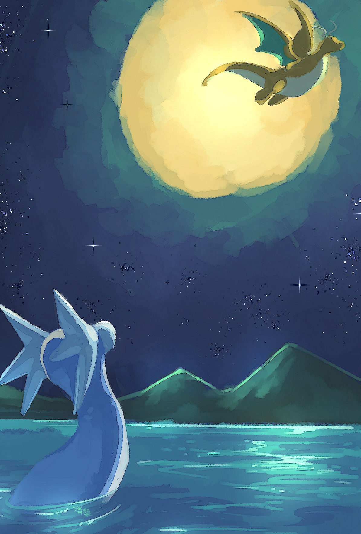 animal_focus, colored_skin, commentary_request, dragon, dragon_wings, dragonite, dratini, evolutionary_line