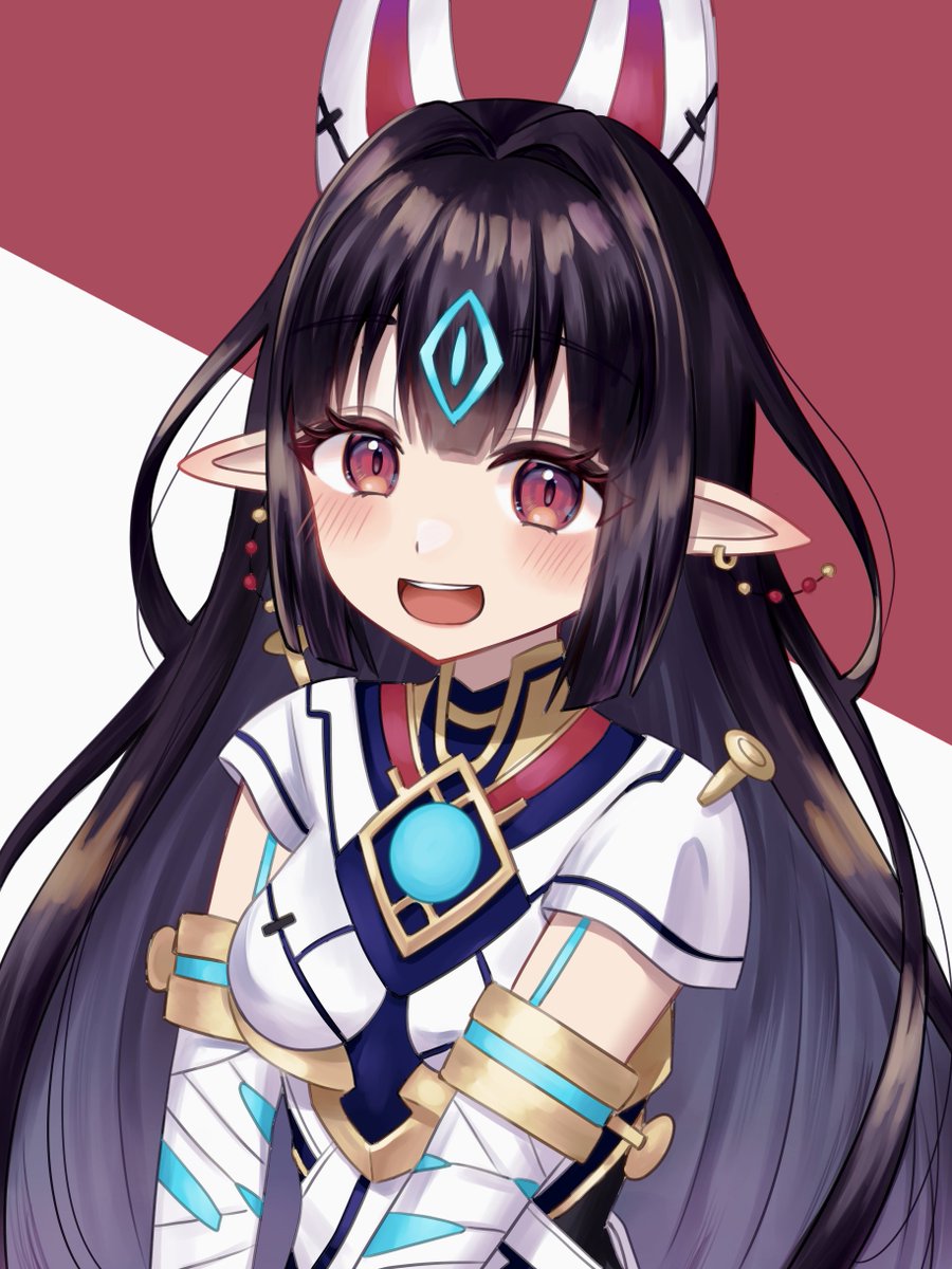 1girl, :d, aohoshi_non, bandaged_arm, bandages, black_hair, breasts, brown_background
