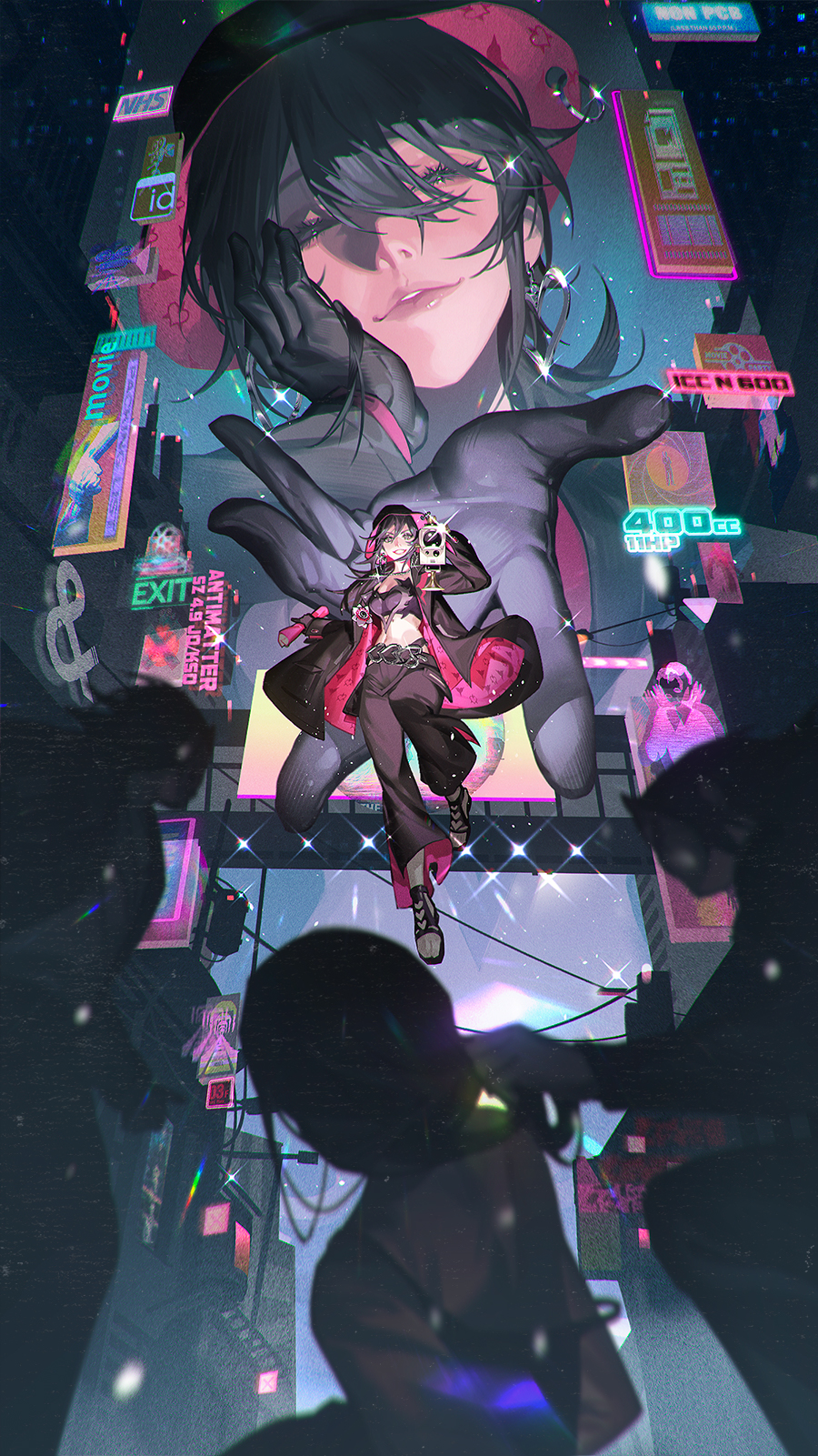 1girl, baggy_pants, billboard, black_coat, black_footwear, black_gloves, black_hair, black_headwear