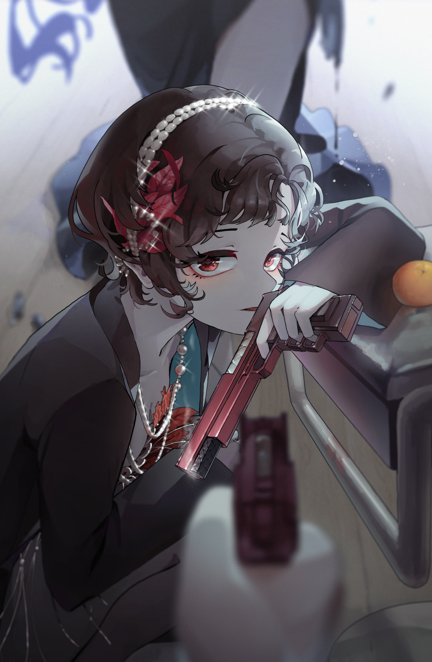 1other, 2girls, absurdres, aiming, arcana_(reverse:1999), backlighting, bar_stool, black_coat, black_hair, blurry, blurry_background, blurry_foreground, coat, curly_hair, dress, feather_dress, feet_out_of_frame, food, frog_hair_ornament, fruit, gun, hair_ornament, hairband, hand_up, handgun, highres, holding, holding_gun, holding_weapon, jelmul, jewelry, long_sleeves, looking_at_viewer, multiple_girls, necklace, orange_(fruit), parted_lips, pov, pov_hands, red_dress, red_eyes, reverse:1999, schneider_(reverse:1999), short_hair, solo_focus, squatting, stool, weapon, wooden_floor