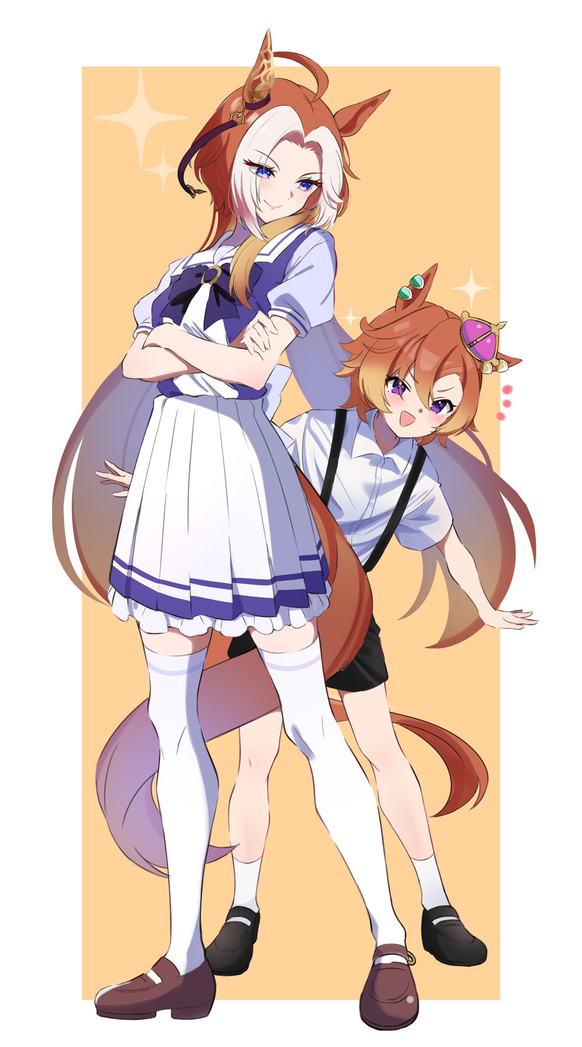 2girls, aged_down, ahoge, animal_ears, black_footwear, black_shorts, blue_eyes, bow, bowtie, brown_footwear, chokotabetai00, closed_mouth, collared_shirt, crossed_arms, crown, ear_piercing, earrings, full_body, highres, horse_ears, horse_girl, horse_tail, jewelry, long_hair, looking_at_another, looking_at_viewer, mini_crown, multiple_girls, notice_lines, open_mouth, orange_hair, orfevre_(umamusume), parted_lips, petticoat, piercing, purple_shirt, sailor_collar, shirt, shoes, short_hair, shorts, single_earring, skirt, smile, socks, sparkle, standing, suspender_shorts, suspenders, t.m._opera_o_(umamusume), tail, thigh-highs, umamusume, v-shaped_eyebrows, violet_eyes, white_shirt, white_skirt, white_socks, white_thighhighs