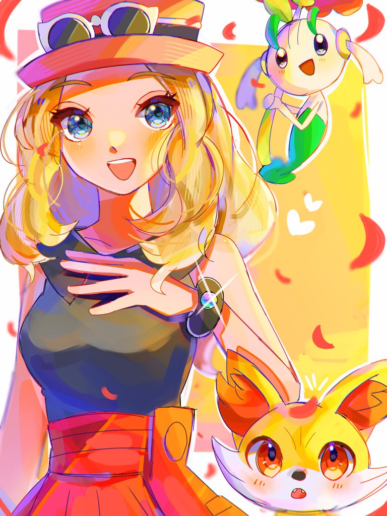 1girl, :d, blue_eyes, border, commentary_request, eyewear_on_headwear, fangs, fennekin
