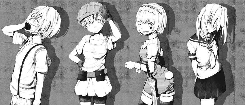 1boy, 3girls, arm_up, bag, bare_arms, belt, belt_pouch, bow