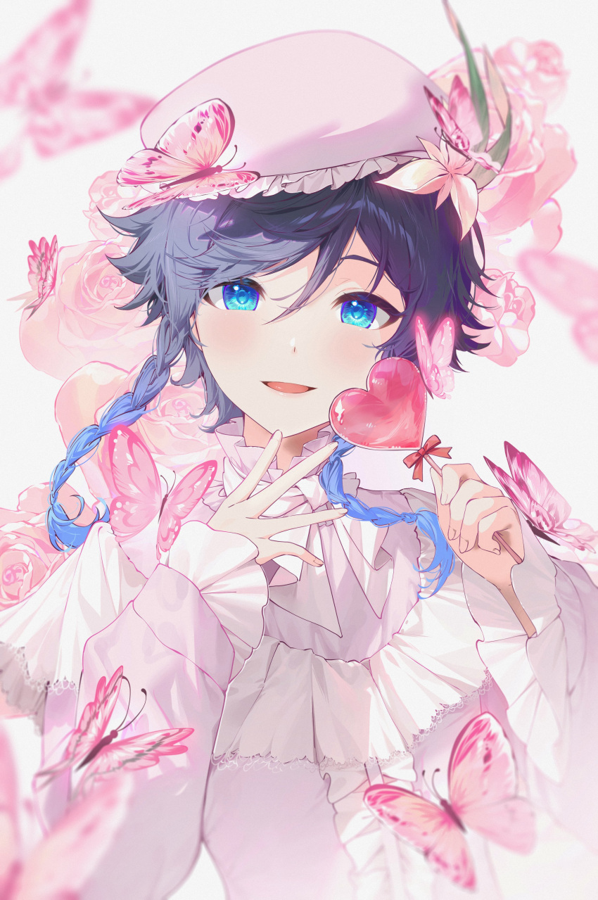 1boy, :d, absurdres, beret, black_hair, blue_eyes, blue_hair, blurry