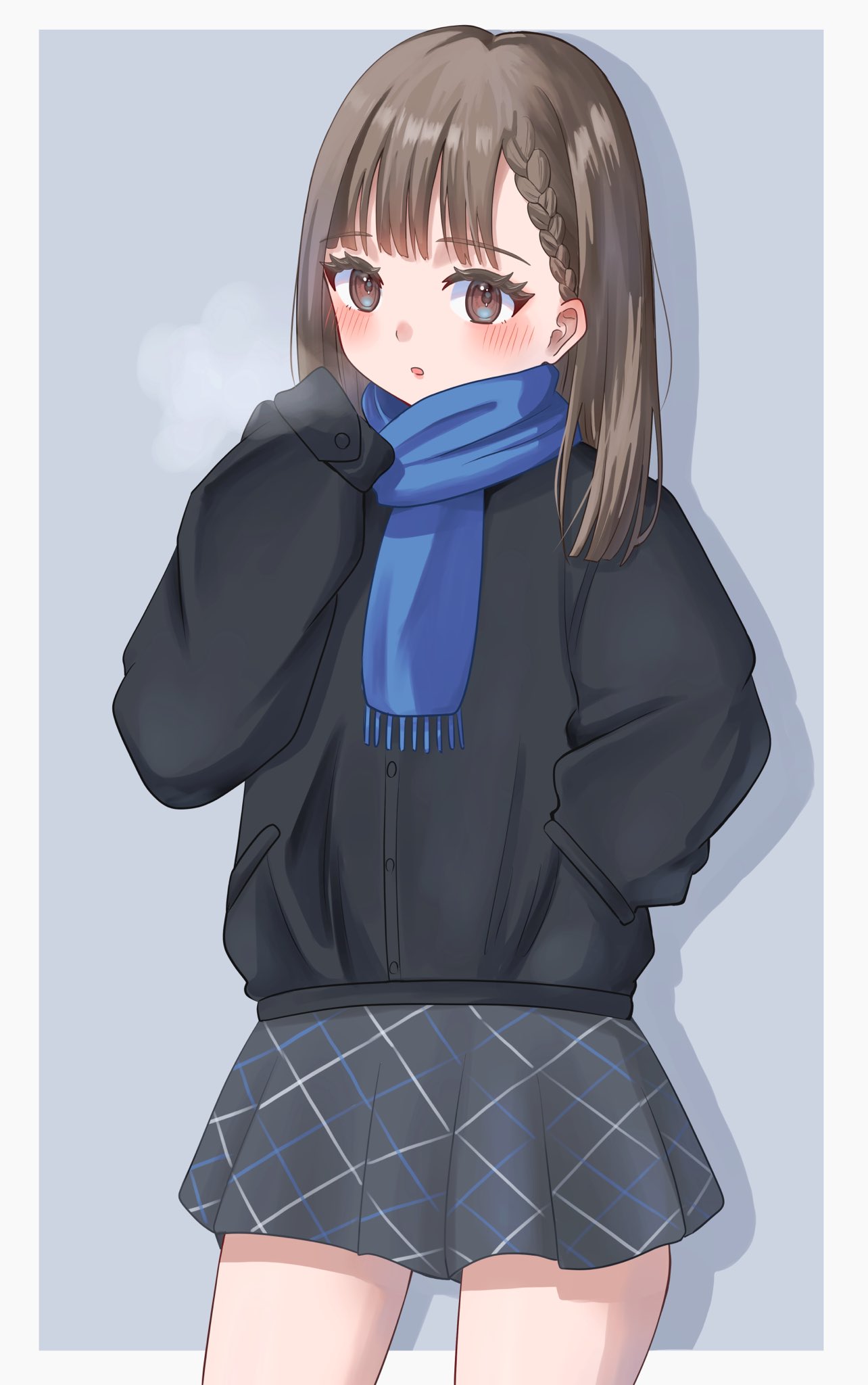 1girl, :o, aohoshi_non, black_jacket, blue_scarf, blush, braid, braided_bangs, breath, brown_eyes, brown_hair, commentary_request, drop_shadow, fringe_trim, grey_background, grey_skirt, hand_in_pocket, highres, jacket, long_hair, long_sleeves, looking_at_viewer, original, parted_lips, pleated_skirt, puffy_long_sleeves, puffy_sleeves, scarf, skirt, sleeves_past_fingers, sleeves_past_wrists, solo, standing, two-tone_background