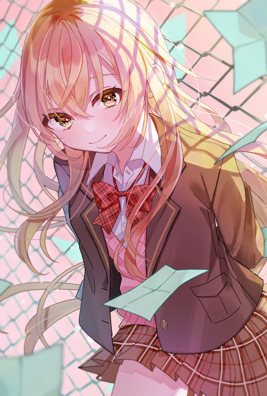 1girl, 393_kani_(sakusa_kani), absurdres, arms_behind_back, black_jacket, blazer, blush, bow, bowtie, brown_hair, brown_skirt, chain-link_fence, closed_mouth, collared_shirt, cowboy_shot, fence, floating, hair_between_eyes, highres, ienaga_mugi, jacket, leaning_forward, legs_together, long_hair, long_sleeves, looking_at_viewer, miniskirt, nijisanji, open_clothes, open_jacket, papers, pink_sweater, plaid, plaid_bow, plaid_bowtie, plaid_skirt, pleated_skirt, red_bow, red_bowtie, school_uniform, shirt, sidelocks, skirt, smile, solo, straight_hair, sweater, v-neck, virtual_youtuber, white_shirt, yellow_eyes