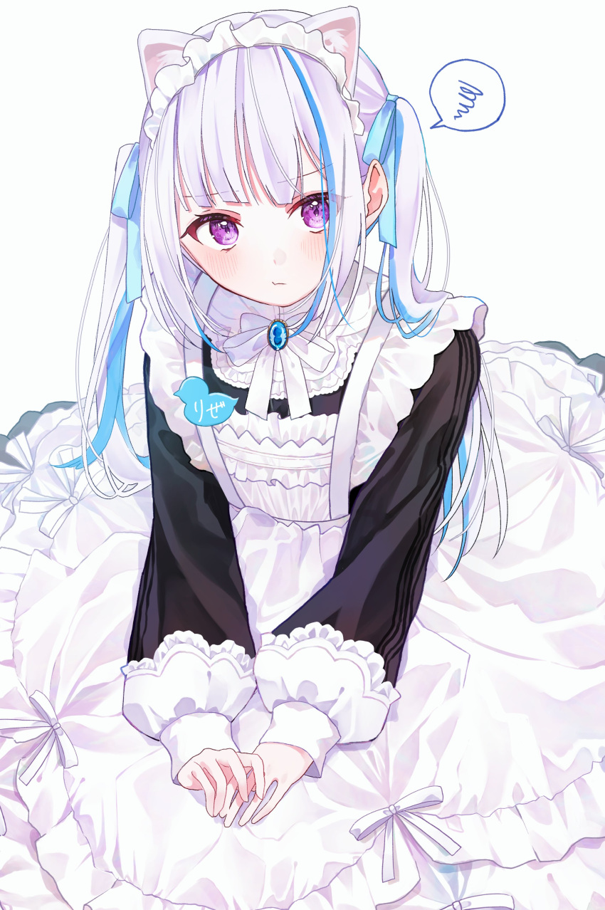 1girl, 393_kani_(sakusa_kani), :t, absurdres, animal_ears, apron, black_shirt, blue_hair