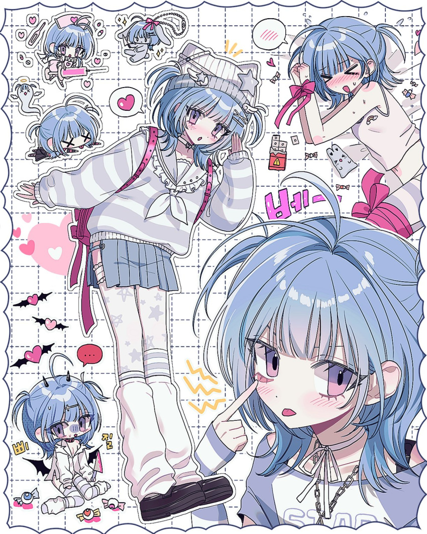 1girl, :p, ahoge, akanbe, animal_hat, backpack, bag, beanie, black_footwear, blue_hair, blue_skirt, blush, cat_hat, chibi, closed_mouth, commission, dot_nose, eyelid_pull, grey_sailor_collar, grey_sweater, grid_background, hand_up, hat, heart, highres, hnmhneu, kneehighs, leaning_forward, looking_at_viewer, loose_socks, medium_hair, miniskirt, multiple_views, neckerchief, original, pink_eyes, pleated_skirt, ribbed_hat, sailor_collar, school_uniform, shoes, short_twintails, sidelocks, simple_background, skirt, sleeves_past_wrists, socks, spoken_blush, spoken_heart, striped_clothes, striped_sweater, sweater, tongue, tongue_out, twintails, two-tone_eyes, two-tone_sweater, violet_eyes, white_background, white_headwear, white_neckerchief, white_socks, white_sweater