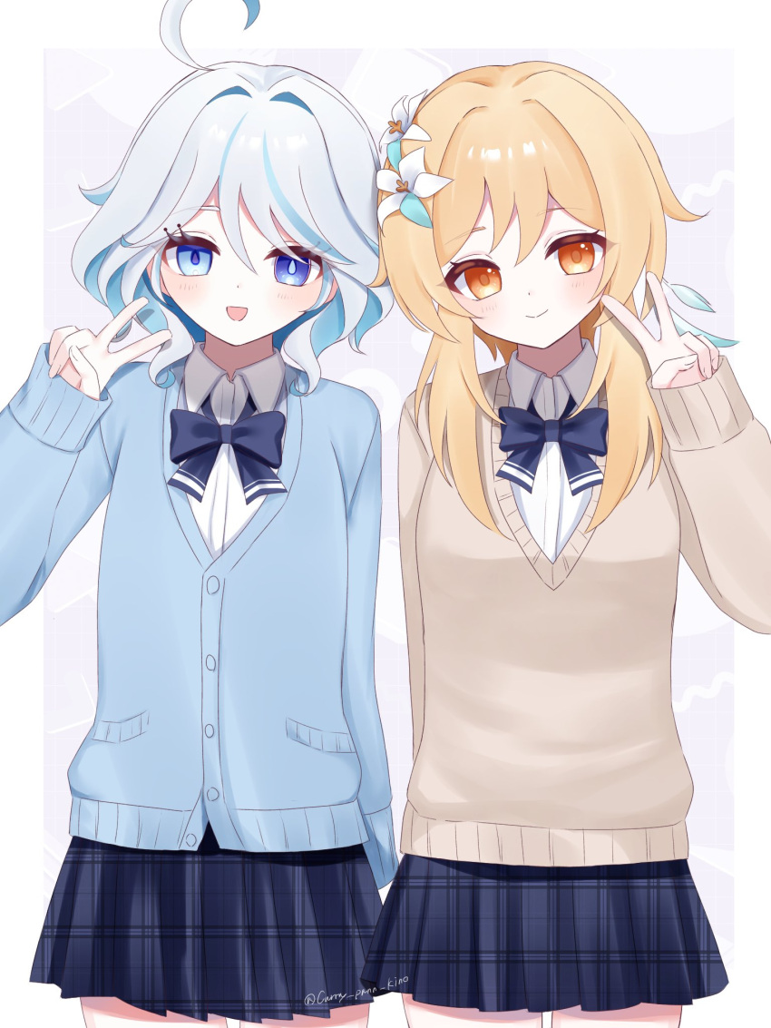 2girls, ahoge, blonde_hair, blue_bow, blue_bowtie, blue_cardigan, blue_eyes, blue_hair, blue_skirt, border, bow, bowtie, brown_sweater, buttons, cardigan, collared_shirt, colored_inner_hair, commentary_request, cowboy_shot, flower, furina_(genshin_impact), genshin_impact, hair_between_eyes, hair_flower, hair_intakes, hair_ornament, hand_up, heterochromia, highres, kino_(curry_pan), legs_together, long_sleeves, looking_at_viewer, lumine_(genshin_impact), miniskirt, multicolored_hair, multiple_girls, orange_eyes, plaid, plaid_skirt, pleated_skirt, purple_background, shirt, short_hair, short_hair_with_long_locks, simple_background, skirt, sleeves_past_wrists, sweater, thigh_gap, v, v-neck, white_border, white_flower, white_hair, white_shirt