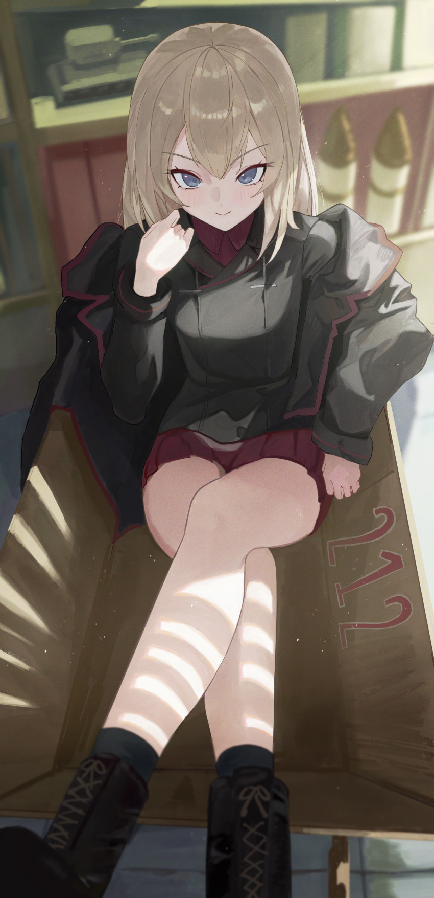 1girl, absurdres, black_coat, black_jacket, blue_eyes, bookshelf, boots, closed_mouth