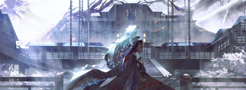 1boy, absurdres, arataki_itto, arm_markings, building, city, demon_horns, from_behind, genshin_impact, gloves, highres, horns, inazuma_city, landscape, li0n_(kongshushiwo), long_hair, male_focus, outdoors, red_horns, short_sleeves, solo, spiked_gloves, straight_hair, white_hair