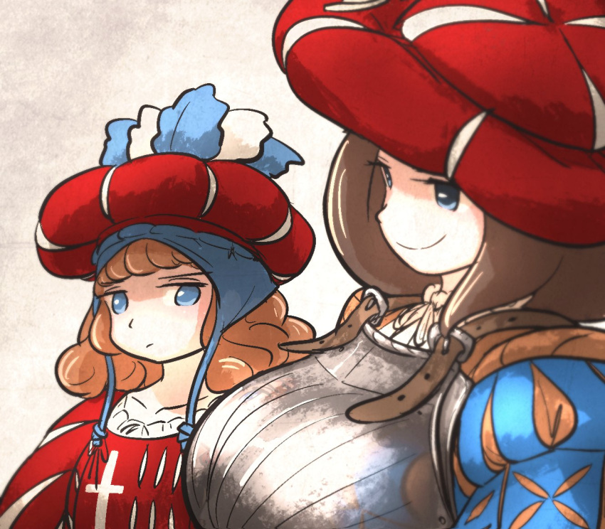 2girls, armor, blonde_hair, blue_eyes, boobplate, breastplate, brown_hair, girl_staring_at_guy's_chest_(meme), hat, ironlily, landsknecht, landsknecht_(ironlily), long_sleeves, meme, multiple_girls, original, puff_and_slash_sleeves, puffy_sleeves, reislaeufer_(ironlily), smile, upper_body
