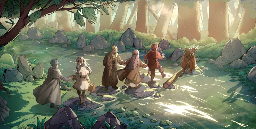 3girls, 4boys, absurdres, artist_name, axe, backlighting, beard, black_coat, black_pantyhose, black_robe, blue_hair, boots, brown_footwear, bush, cape, capelet, cloak, coat, collaboration, commentary, criteria, dappled_sunlight, dress, elf, english_commentary, facial_hair, fake_horns, fern, fern_(sousou_no_frieren), flamme_(sousou_no_frieren), forest, frieren, full_body, glasses, gold_trim, heiter, helmet, highres, himmel_(sousou_no_frieren), holding, holding_axe, holding_hands, holding_suitcase, horned_helmet, horns, jacket, leaf, log, long_hair, looking_at_another, looking_down, making-of_available, meeti_patel, multiple_boys, multiple_girls, nature, old, old_man, outdoors, pantyhose, pointy_ears, purple_hair, red_jacket, redhead, river, robe, rock, short_hair, sousou_no_frieren, standing, stark_(sousou_no_frieren), suitcase, sunlight, tree, twintails, walking, water, white_cape, white_capelet, white_cloak, white_dress