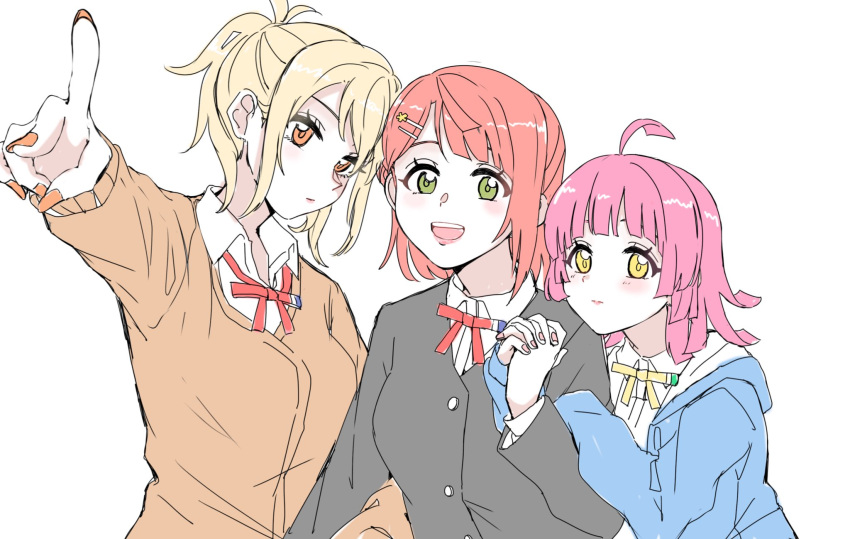 3girls, ahoge, arm_grab, black_jacket, blonde_hair, blue_jacket, blunt_bangs, blush