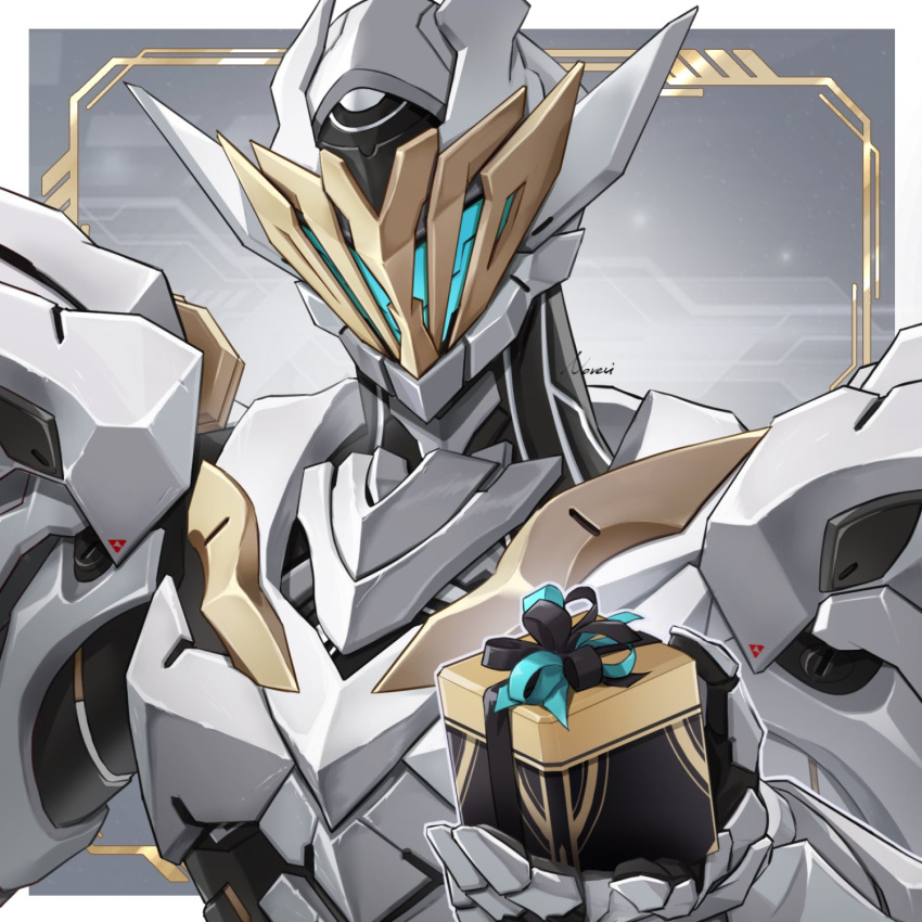 1other, armor, border, box, breastplate, facing_viewer, gauntlets, gift