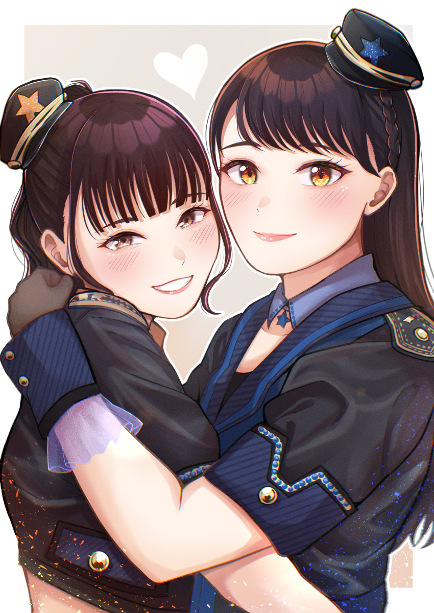 2girls, absurdres, black_jacket, blunt_bangs, blush, border, brown_eyes, brown_gloves