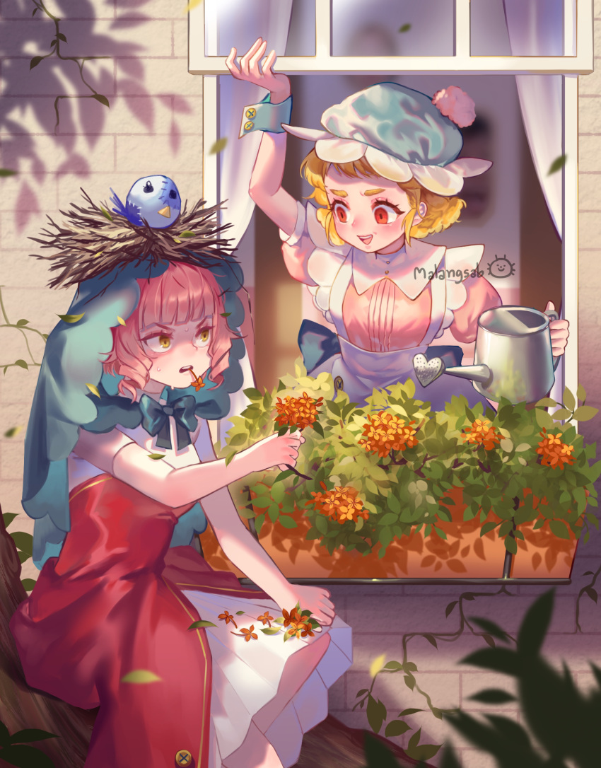 2girls, apron, arm_up, bird_nest, blonde_hair, curtains, dress, drill_hair