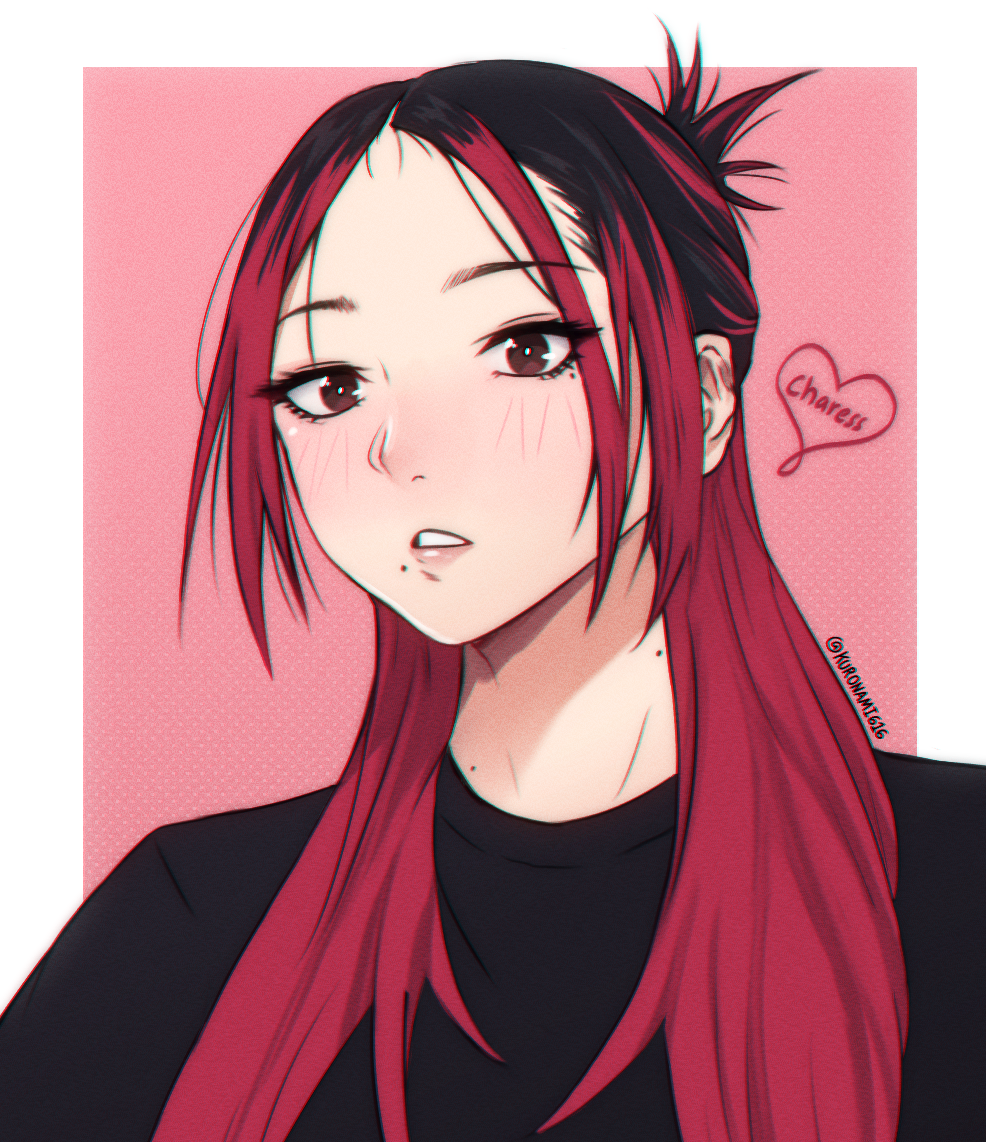 1girl, black_hair, black_shirt, blush, brown_eyes, forehead, kuronami616, long_hair