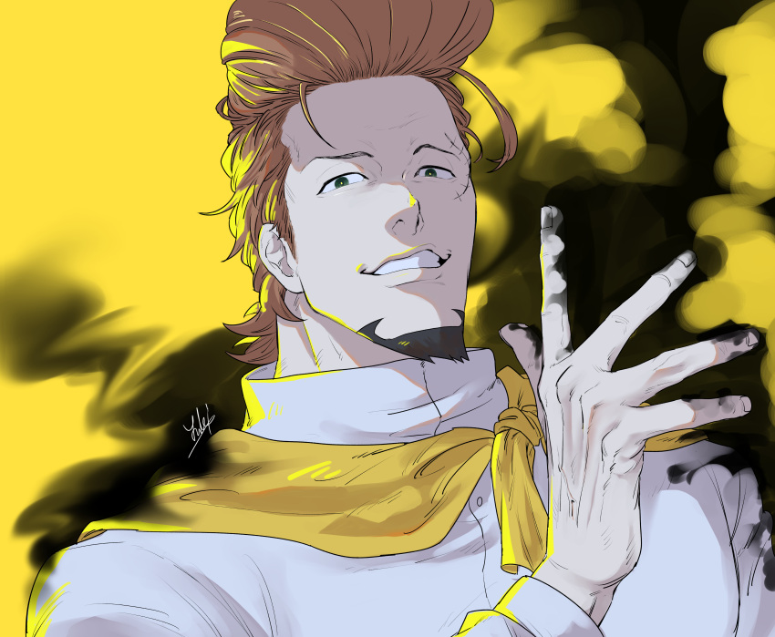 1boy, absurdres, black_eyes, brown_hair, chef, commentary_request, english_commentary, facial_hair, goatee, highres, looking_at_viewer, male_focus, mixed-language_commentary, one_piece, pompadour, scar, scar_on_face, short_hair, signature, smile, solo, teeth, thatch, uniform, yu_t1214
