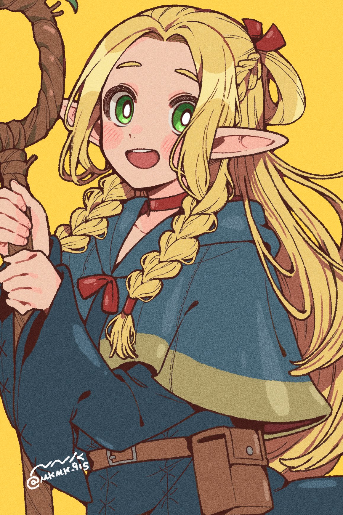 1girl, ambrosia_(dungeon_meshi), belt, belt_buckle, blonde_hair, blue_capelet, blue_robe, blush
