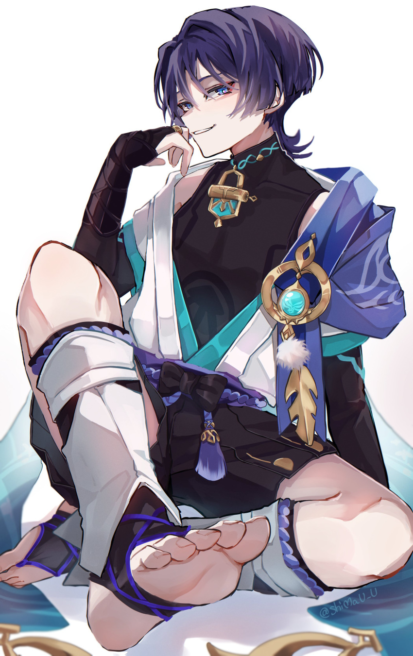 1boy, absurdres, artist_name, black_bow, black_shirt, black_shorts, blue_cape, blue_ribbon
