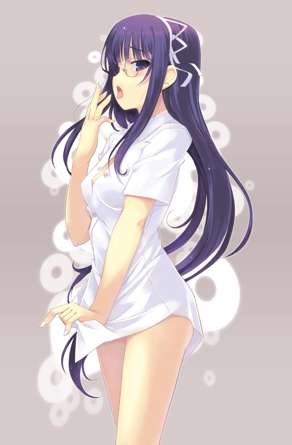 1girl, dasoku_sentarou, dress_shirt, glasses, long_hair, original, purple_eyes, purple_hair