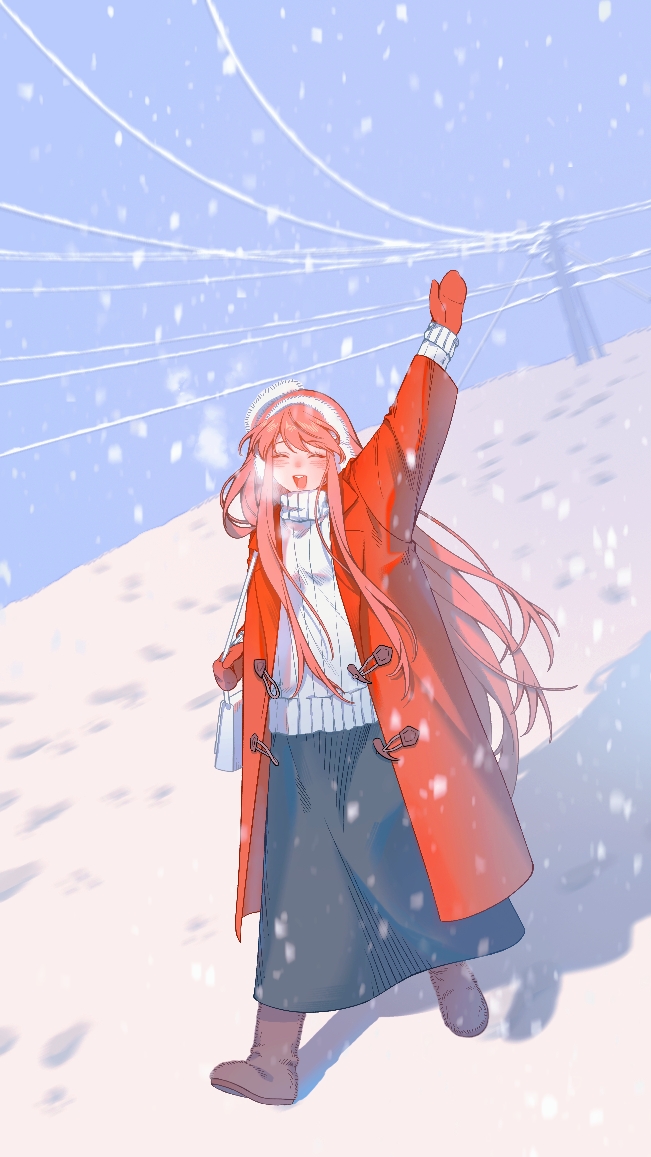 1girl, :d, arm_at_side, bag, black_skirt, blue_sky, blush, boots