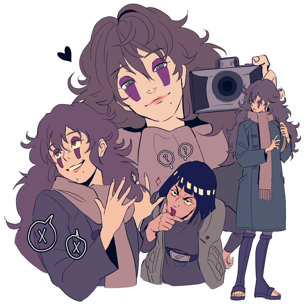 2girls, black_hair, bob_cut, brown_hair, camera, coat, curly_hair, disguise