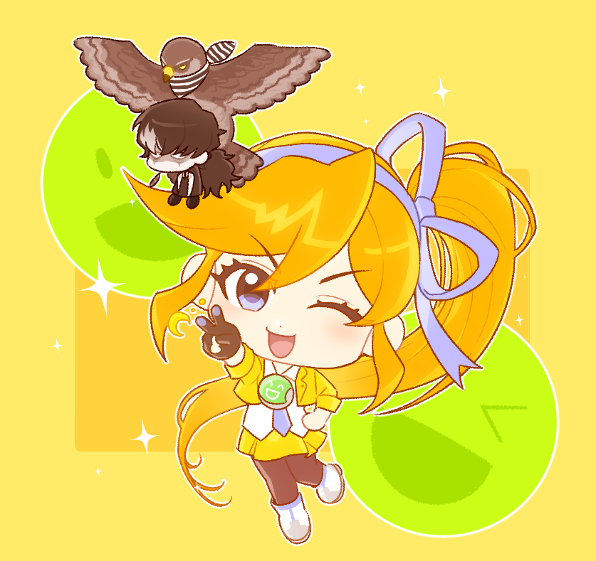 1boy, 1girl, 9105_y, ;d, ace_attorney, athena_cykes, bird, black_coat